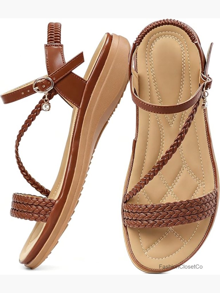 Woven Braided Flat Sandals With Rhinestone Charm, Elastic Slingback, Cushioned